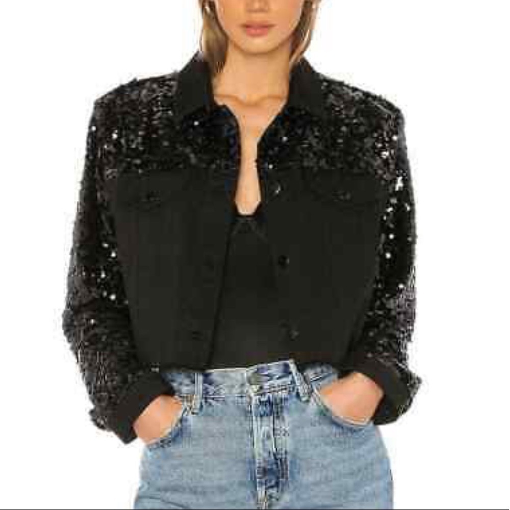 J. Brand Cyra Black Denim Sequin Sleeves Crop Raw Hem Jean Jacket